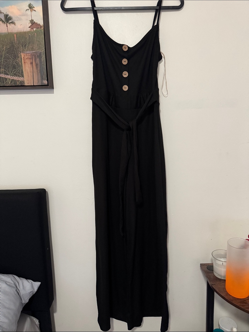 iris Black Ribbed Spaghetti-Strap with Wood Buttons